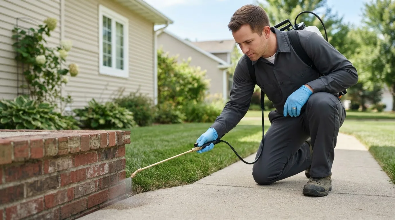 Pest control technician treating a home near Fairfield Bay, AR
